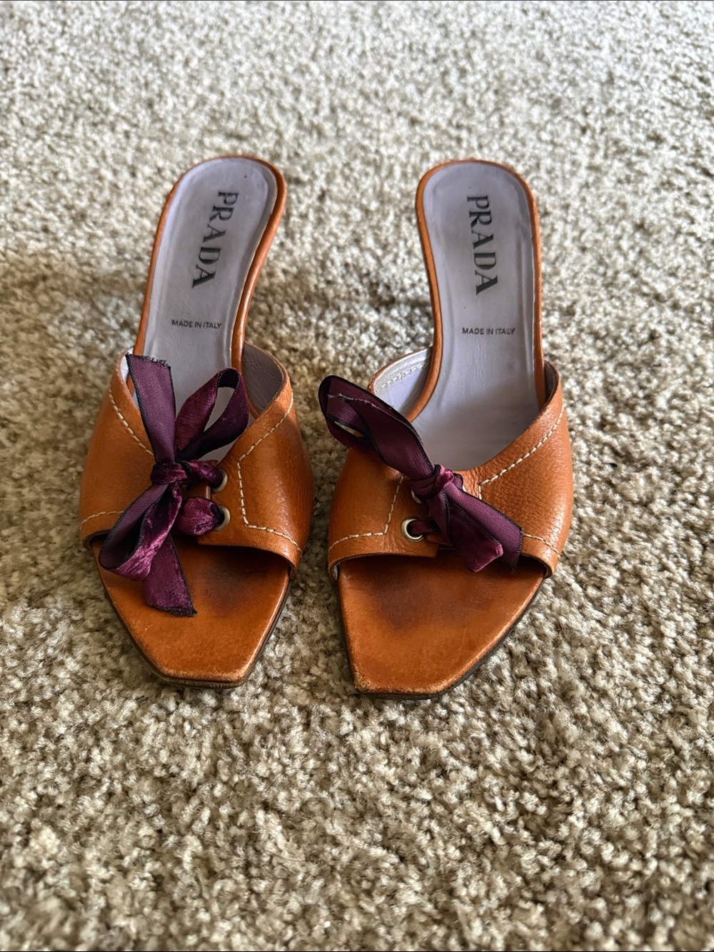 Prada Tan Leather Slide Mules with Burgundy Ribbon Bow